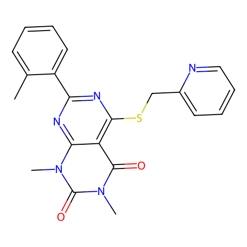 1,3-dimethyl-5-((pyridin-2-ylmethyl)thio)-7-(o-tolyl)pyrimido[4,5-d]pyrimidine-2,4(1H,3H)-dione structure