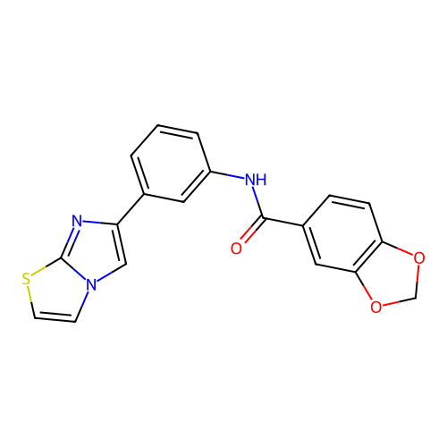 N-(3-imidazo[2,1-b][1,3]thiazol-6-ylphenyl)-1,3-benzodioxole-5-carboxamide structure