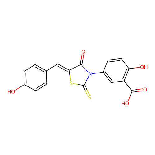 2-hydroxy-5-[(5Z)-5-[(4-hydroxyphenyl)methylidene]-4-oxo-2-sulfanylidene-1,3-thiazolidin-3-yl]benzoic acid structure