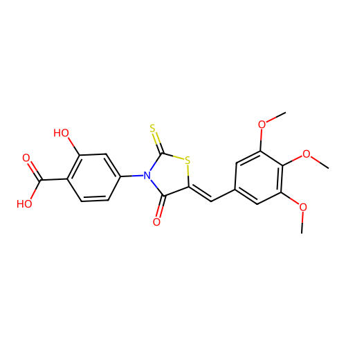 2-hydroxy-4-[(5Z)-4-oxo-2-sulfanylidene-5-[(3,4,5-trimethoxyphenyl)methylidene]-1,3-thiazolidin-3-yl]benzoic acid structure