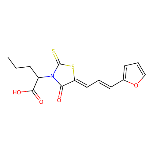 2-((Z)-5-((E)-3-(furan-2-yl)allylidene)-4-oxo-2-thioxothiazolidin-3-yl)pentanoic acid structure