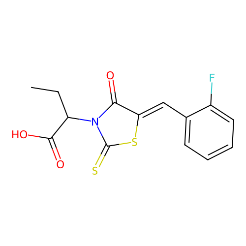 2-[(5Z)-5-[(2-fluorophenyl)methylidene]-4-oxo-2-sulfanylidene-1,3-thiazolidin-3-yl]butanoic acid structure