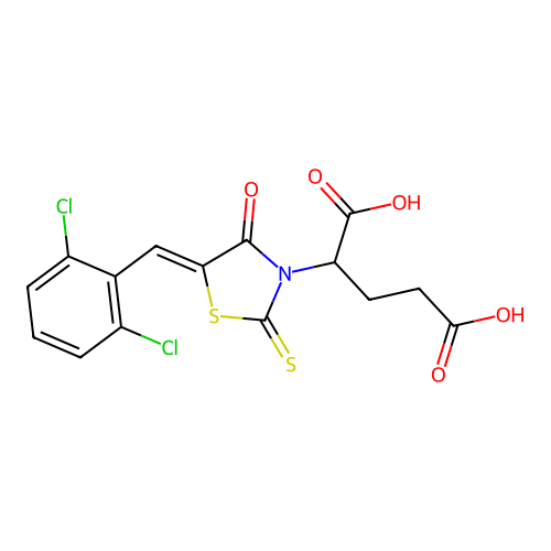2-[(5Z)-5-[(2,6-dichlorophenyl)methylidene]-4-oxo-2-sulfanylidene-1,3-thiazolidin-3-yl]pentanedioic acid structure