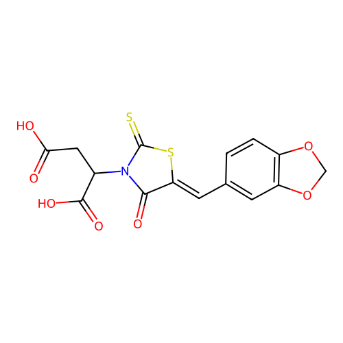 (Z)-2-(5-(benzo[d][1,3]dioxol-5-ylmethylene)-4-oxo-2-thioxothiazolidin-3-yl)succinic acid structure