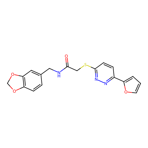 N-(1,3-benzodioxol-5-ylmethyl)-2-[6-(furan-2-yl)pyridazin-3-yl]sulfanylacetamide structure