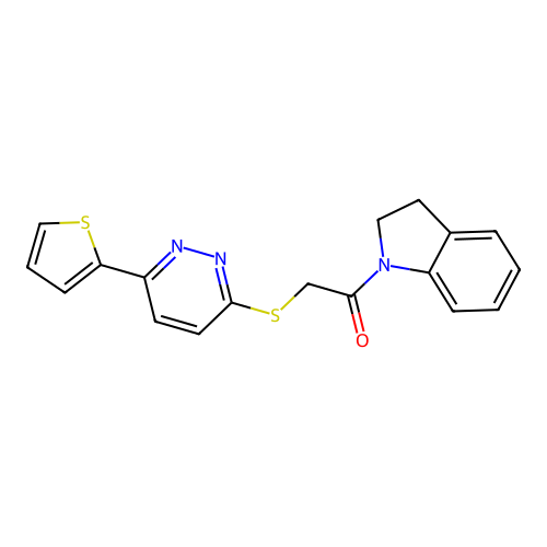1-(2,3-Dihydroindol-1-yl)-2-(6-thiophen-2-ylpyridazin-3-yl)sulfanylethanone structure