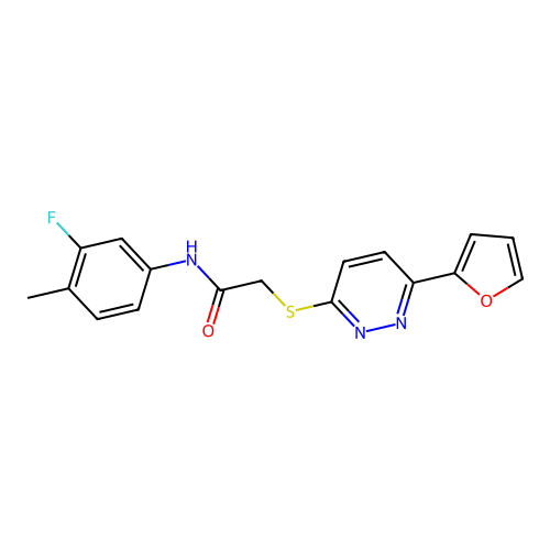N-(3-fluoro-4-methylphenyl)-2-[6-(furan-2-yl)pyridazin-3-yl]sulfanylacetamide structure