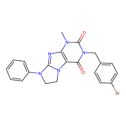 3-[(4-bromophenyl)methyl]-1-methyl-8-phenyl-1H,2H,3H,4H,6H,7H,8H-imidazo[1,2-g]purine-2,4-dione structure