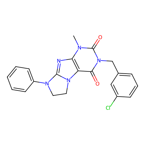 3-[(3-chlorophenyl)methyl]-1-methyl-8-phenyl-1H,2H,3H,4H,6H,7H,8H-imidazo[1,2-g]purine-2,4-dione structure