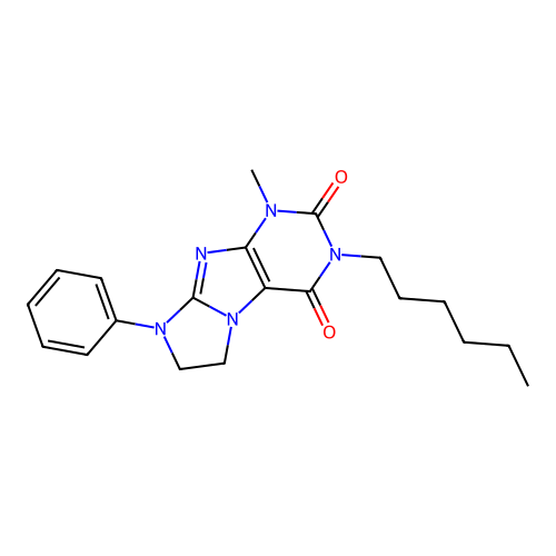 3-hexyl-1-methyl-8-phenyl-1H,2H,3H,4H,6H,7H,8H-imidazo[1,2-g]purine-2,4-dione structure