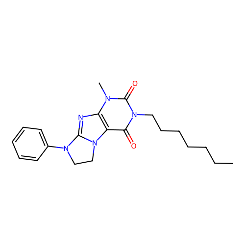 3-heptyl-1-methyl-8-phenyl-1H,2H,3H,4H,6H,7H,8H-imidazo[1,2-g]purine-2,4-dione structure