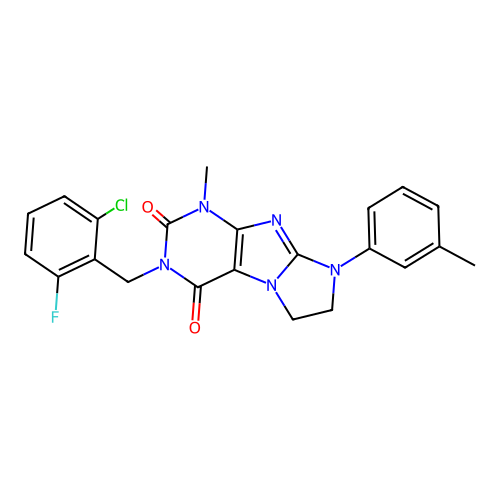 3-[(2-chloro-6-fluorophenyl)methyl]-1-methyl-8-(3-methylphenyl)-1H,2H,3H,4H,6H,7H,8H-imidazo[1,2-g]purine-2,4-dione structure