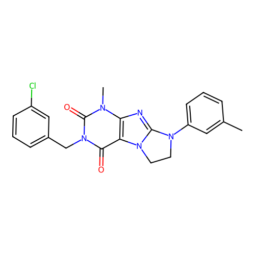 3-[(3-chlorophenyl)methyl]-1-methyl-8-(3-methylphenyl)-1H,2H,3H,4H,6H,7H,8H-imidazo[1,2-g]purine-2,4-dione structure