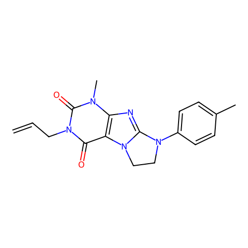 1-methyl-8-(4-methylphenyl)-3-prop-2-enyl-1,3,5-trihydroimidazolidino[1,2-h]pu rine-2,4-dione structure