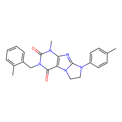 1-methyl-8-(4-methylphenyl)-3-[(2-methylphenyl)methyl]-1,3,5-trihydroimidazoli dino[1,2-h]purine-2,4-dione structure