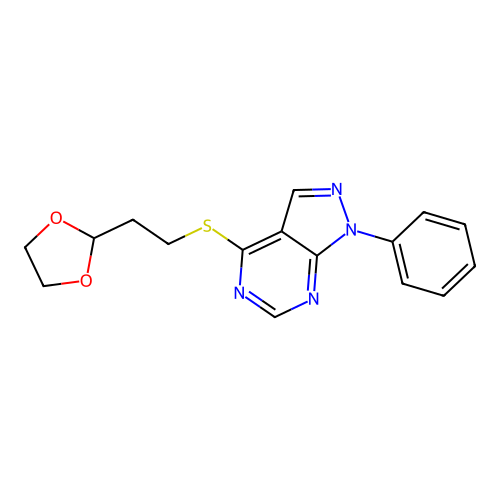 4-((2-(1,3-dioxolan-2-yl)ethyl)thio)-1-phenyl-1H-pyrazolo[3,4-d]pyrimidine structure