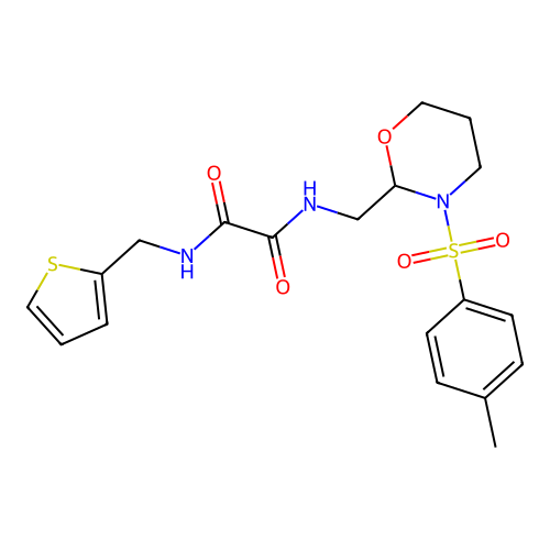 N1-(thiophen-2-ylmethyl)-N2-((3-tosyl-1,3-oxazinan-2-yl)methyl)oxalamide structure