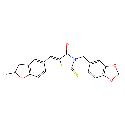 (5Z)-3-(1,3-benzodioxol-5-ylmethyl)-5-[(2-methyl-2,3-dihydro-1-benzofuran-5-yl)methylidene]-2-thioxo-1,3-thiazolidin-4-one structure