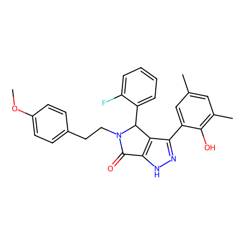 4-(2-fluorophenyl)-3-(2-hydroxy-3,5-dimethylphenyl)-5-[2-(4-methoxyphenyl)ethyl]-4,5-dihydropyrrolo[3,4-c]pyrazol-6(2H)-one structure