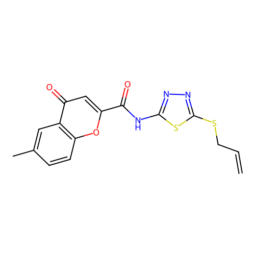 6-methyl-4-oxo-N-[5-(prop-2-en-1-ylsulfanyl)-1,3,4-thiadiazol-2-yl]-4H-chromene-2-carboxamide structure