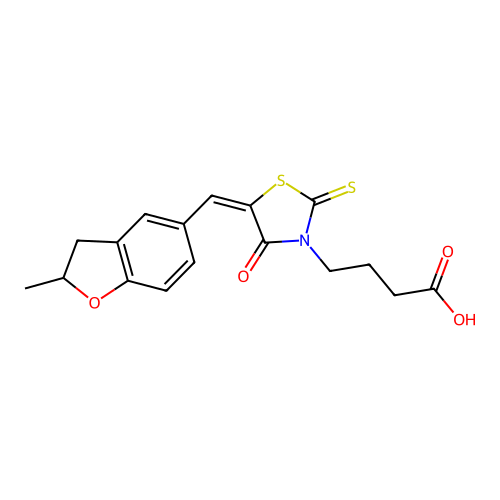 4-{(5E)-5-[(2-methyl-2,3-dihydro-1-benzofuran-5-yl)methylidene]-4-oxo-2-thioxo-1,3-thiazolidin-3-yl}butanoic acid structure