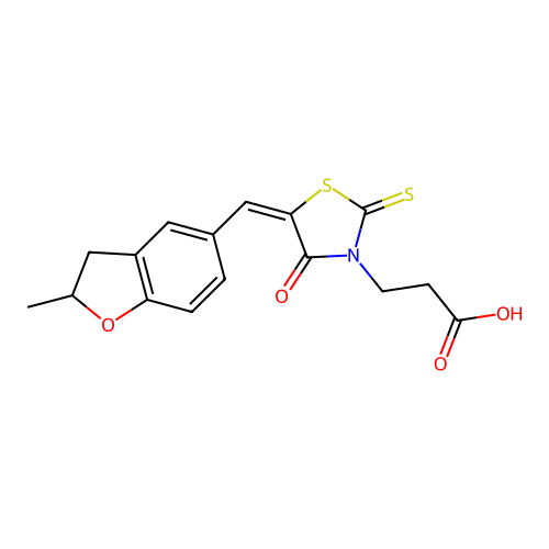 3-{(5E)-5-[(2-methyl-2,3-dihydro-1-benzofuran-5-yl)methylidene]-4-oxo-2-thioxo-1,3-thiazolidin-3-yl}propanoic acid structure