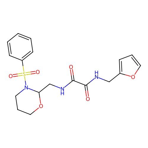 N-[[3-(benzenesulfonyl)-1,3-oxazinan-2-yl]methyl]-N'-(furan-2-ylmethyl)oxamide structure