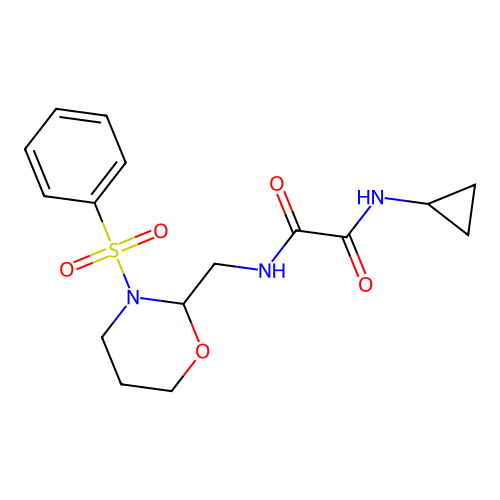 N-[[3-(benzenesulfonyl)-1,3-oxazinan-2-yl]methyl]-N'-cyclopropyloxamide structure