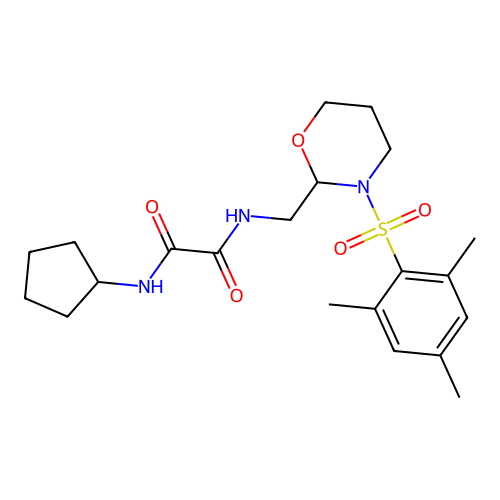N1-cyclopentyl-N2-((3-(mesitylsulfonyl)-1,3-oxazinan-2-yl)methyl)oxalamide structure