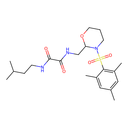 N1-isopentyl-N2-((3-(mesitylsulfonyl)-1,3-oxazinan-2-yl)methyl)oxalamide structure