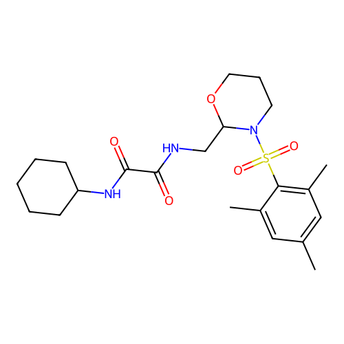 N1-cyclohexyl-N2-((3-(mesitylsulfonyl)-1,3-oxazinan-2-yl)methyl)oxalamide structure