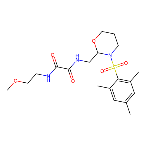 N1-((3-(mesitylsulfonyl)-1,3-oxazinan-2-yl)methyl)-N2-(2-methoxyethyl)oxalamide structure