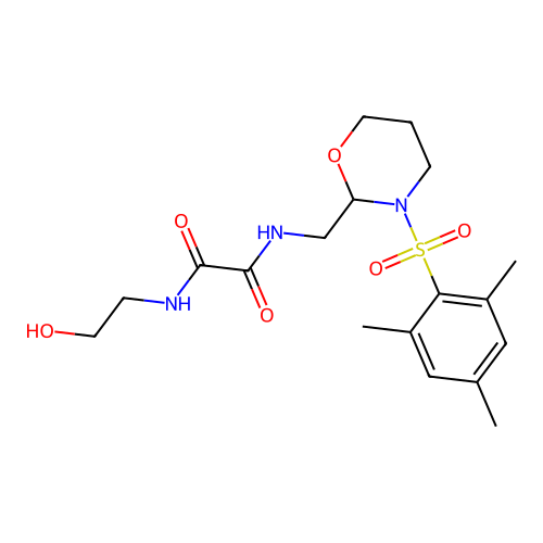 N1-(2-hydroxyethyl)-N2-((3-(mesitylsulfonyl)-1,3-oxazinan-2-yl)methyl)oxalamide structure