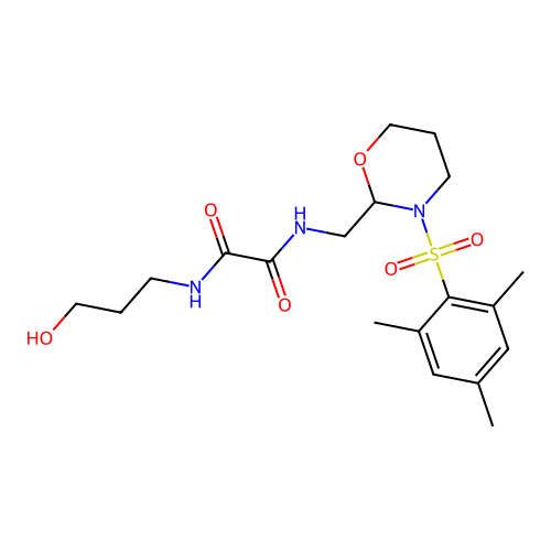 N1-(3-hydroxypropyl)-N2-((3-(mesitylsulfonyl)-1,3-oxazinan-2-yl)methyl)oxalamide structure