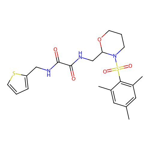 N1-((3-(mesitylsulfonyl)-1,3-oxazinan-2-yl)methyl)-N2-(thiophen-2-ylmethyl)oxalamide structure