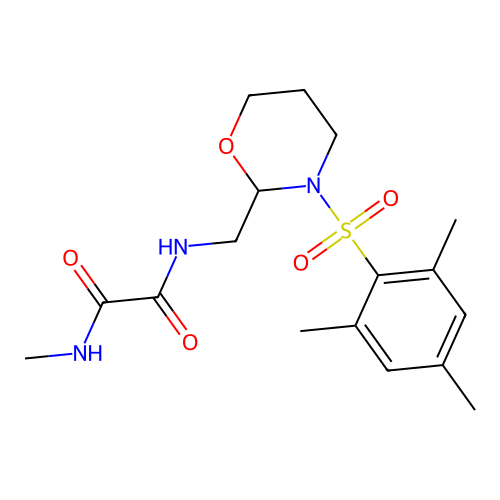 N1-((3-(mesitylsulfonyl)-1,3-oxazinan-2-yl)methyl)-N2-methyloxalamide structure