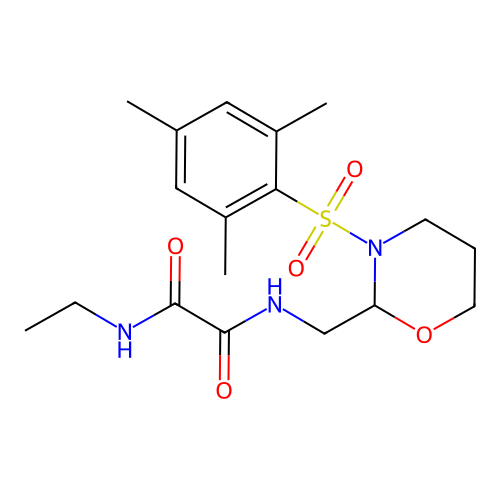 N1-ethyl-N2-((3-(mesitylsulfonyl)-1,3-oxazinan-2-yl)methyl)oxalamide structure
