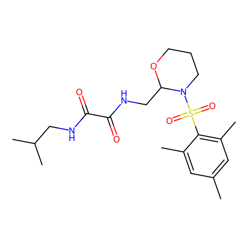 N1-isobutyl-N2-((3-(mesitylsulfonyl)-1,3-oxazinan-2-yl)methyl)oxalamide structure