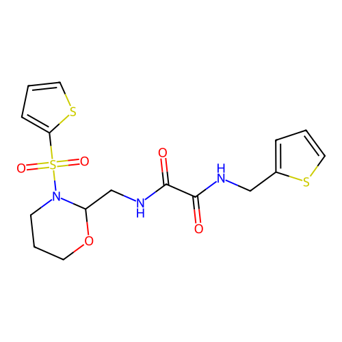 N'-(thiophen-2-ylmethyl)-N-[(3-thiophen-2-ylsulfonyl-1,3-oxazinan-2-yl)methyl]oxamide structure