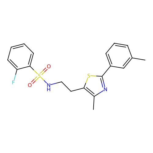 2-fluoro-N-{2-[4-methyl-2-(3-methylphenyl)-1,3-thiazol-5-yl]ethyl}benzene-1-sulfonamide structure