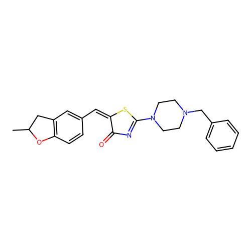 (5E)-2-(4-benzylpiperazin-1-yl)-5-[(2-methyl-2,3-dihydro-1-benzofuran-5-yl)methylidene]-1,3-thiazol-4(5H)-one structure