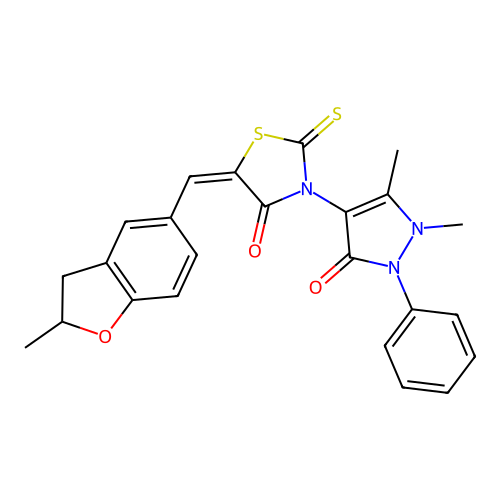 (5E)-3-(1,5-dimethyl-3-oxo-2-phenyl-2,3-dihydro-1H-pyrazol-4-yl)-5-[(2-methyl-2,3-dihydro-1-benzofuran-5-yl)methylidene]-2-thioxo-1,3-thiazolidin-4-one structure