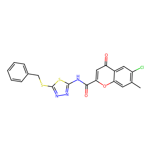 N-[5-(benzylsulfanyl)-1,3,4-thiadiazol-2-yl]-6-chloro-7-methyl-4-oxo-4H-chromene-2-carboxamide structure