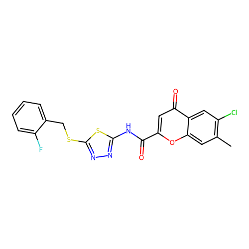 6-chloro-N-{5-[(2-fluorobenzyl)sulfanyl]-1,3,4-thiadiazol-2-yl}-7-methyl-4-oxo-4H-chromene-2-carboxamide structure