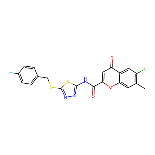 6-chloro-N-{5-[(4-fluorobenzyl)sulfanyl]-1,3,4-thiadiazol-2-yl}-7-methyl-4-oxo-4H-chromene-2-carboxamide structure
