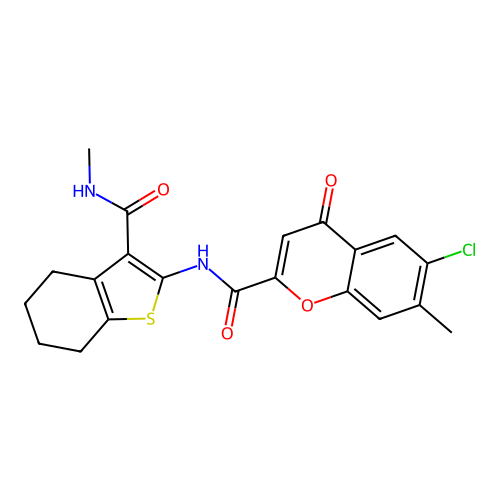 6-chloro-7-methyl-N-[3-(methylcarbamoyl)-4,5,6,7-tetrahydro-1-benzothiophen-2-yl]-4-oxo-4H-chromene-2-carboxamide structure