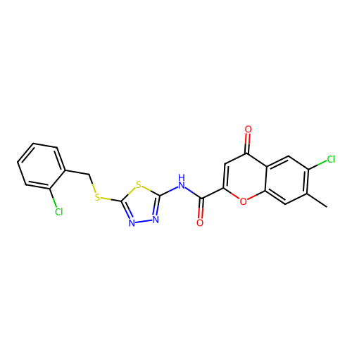 6-chloro-N-{5-[(2-chlorobenzyl)sulfanyl]-1,3,4-thiadiazol-2-yl}-7-methyl-4-oxo-4H-chromene-2-carboxamide structure