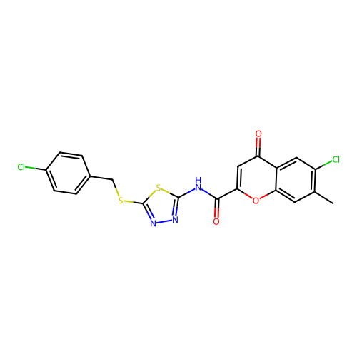 6-chloro-N-{5-[(4-chlorobenzyl)sulfanyl]-1,3,4-thiadiazol-2-yl}-7-methyl-4-oxo-4H-chromene-2-carboxamide structure