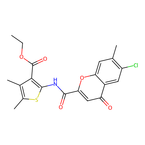 ethyl 2-{[(6-chloro-7-methyl-4-oxo-4H-chromen-2-yl)carbonyl]amino}-4,5-dimethylthiophene-3-carboxylate structure