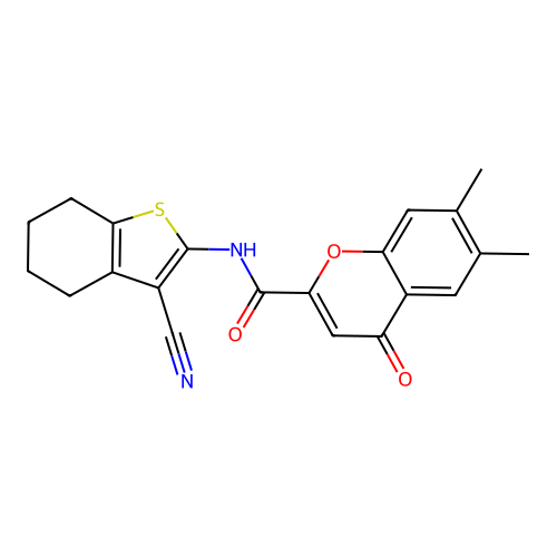 N-(3-cyano-4,5,6,7-tetrahydro-1-benzothiophen-2-yl)-6,7-dimethyl-4-oxo-4H-chromene-2-carboxamide structure